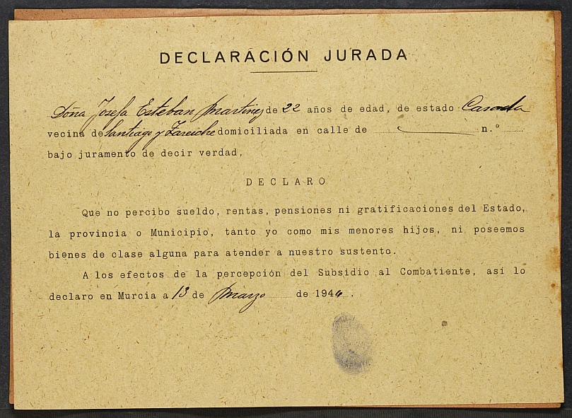Expediente nº 232/1944 de beneficiario del subsidio al combatiente de Juan Pérez Palazón